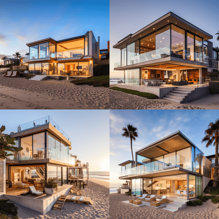 纽波特海滩最美丽、最现代的海滨住宅，有很 - Midjourney Prompt