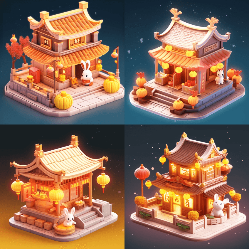 3D等距可爱的中国古风建筑，房子两侧是灯 - Midjourney Prompt