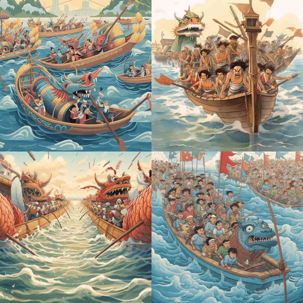 龙舟，端午节追逐团结胜利。宫崎骏风格，中 - Midjourney Prompt