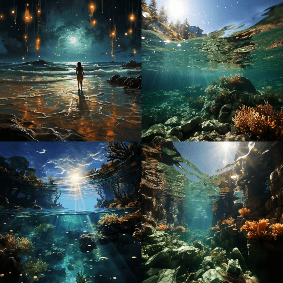 眺望璀璨的海洋，清澈、半透明的海水，令人 - Midjourney Prompt