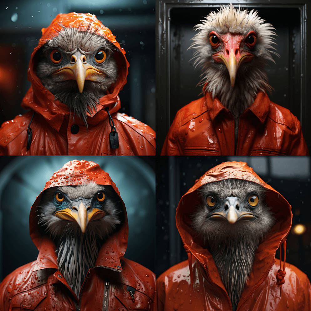 一只红色的鸵鸟穿着雨衣，风格是ZBrus - Midjourney Prompt
