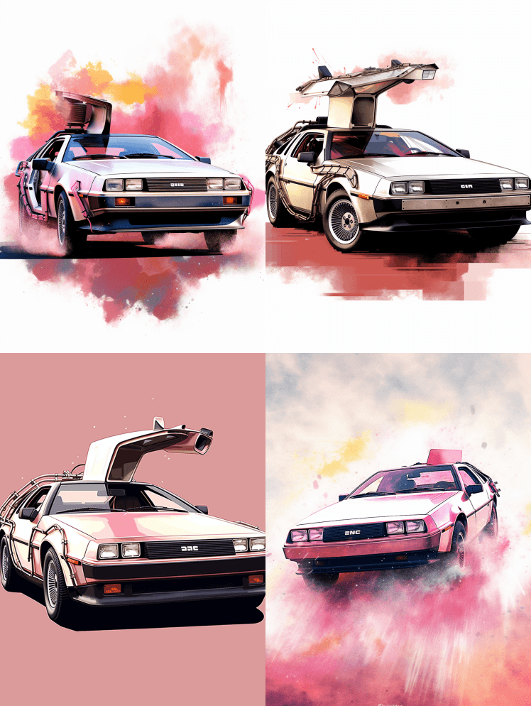回到未来的DeLorean，白色背景下的 - Midjourney Prompt