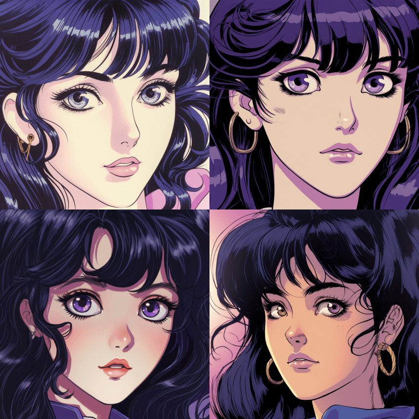 一个漂亮的动漫女孩，紫色的眼睛和黑色的头 - Midjourney Prompt