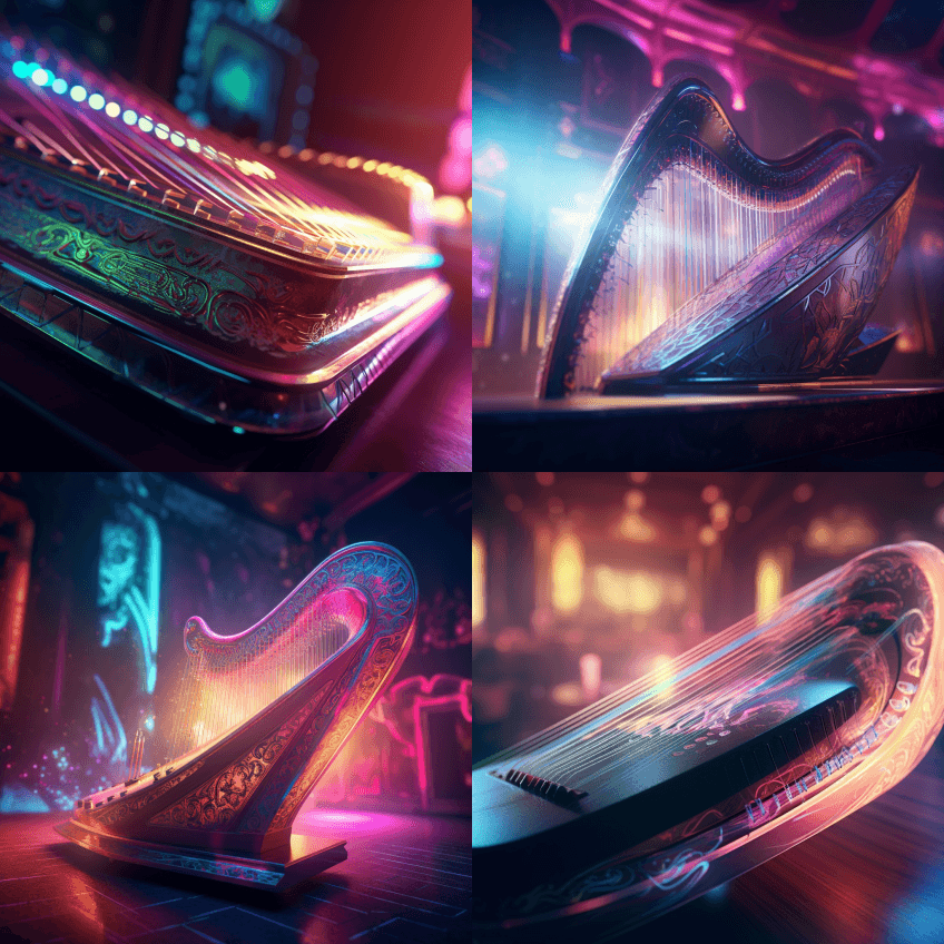 华丽的赛博朋克合成波音乐厅内部,由液体玻 - Midjourney Prompt