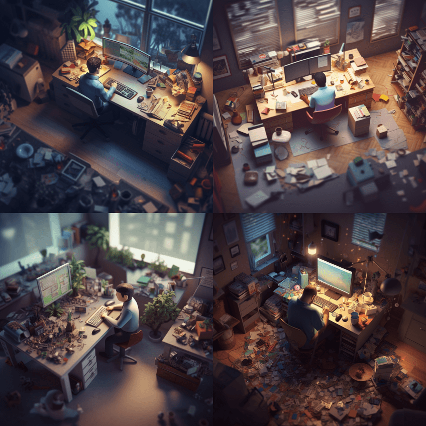 一个加班的上班族，快乐，电脑，文档，斜移 - Midjourney Prompt