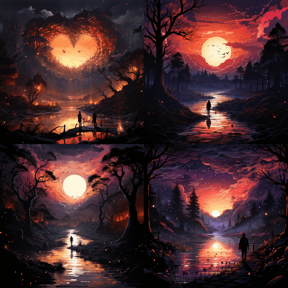 黑暗之心，卡通设计，风景，动态灯光，分层 - Midjourney Prompt