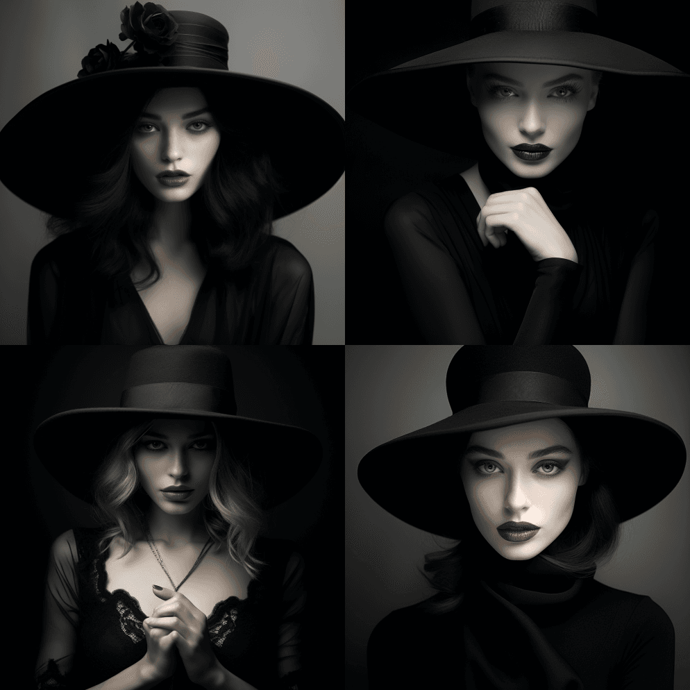 身穿黑裙的美女戴着宽边帽子还包含手套fo - Midjourney Prompt