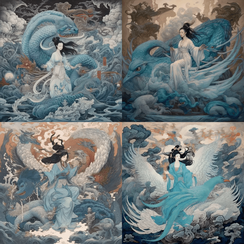 一幅中国女孩骑在凤凰宝座上的画，风格为黑 - Midjourney Prompt