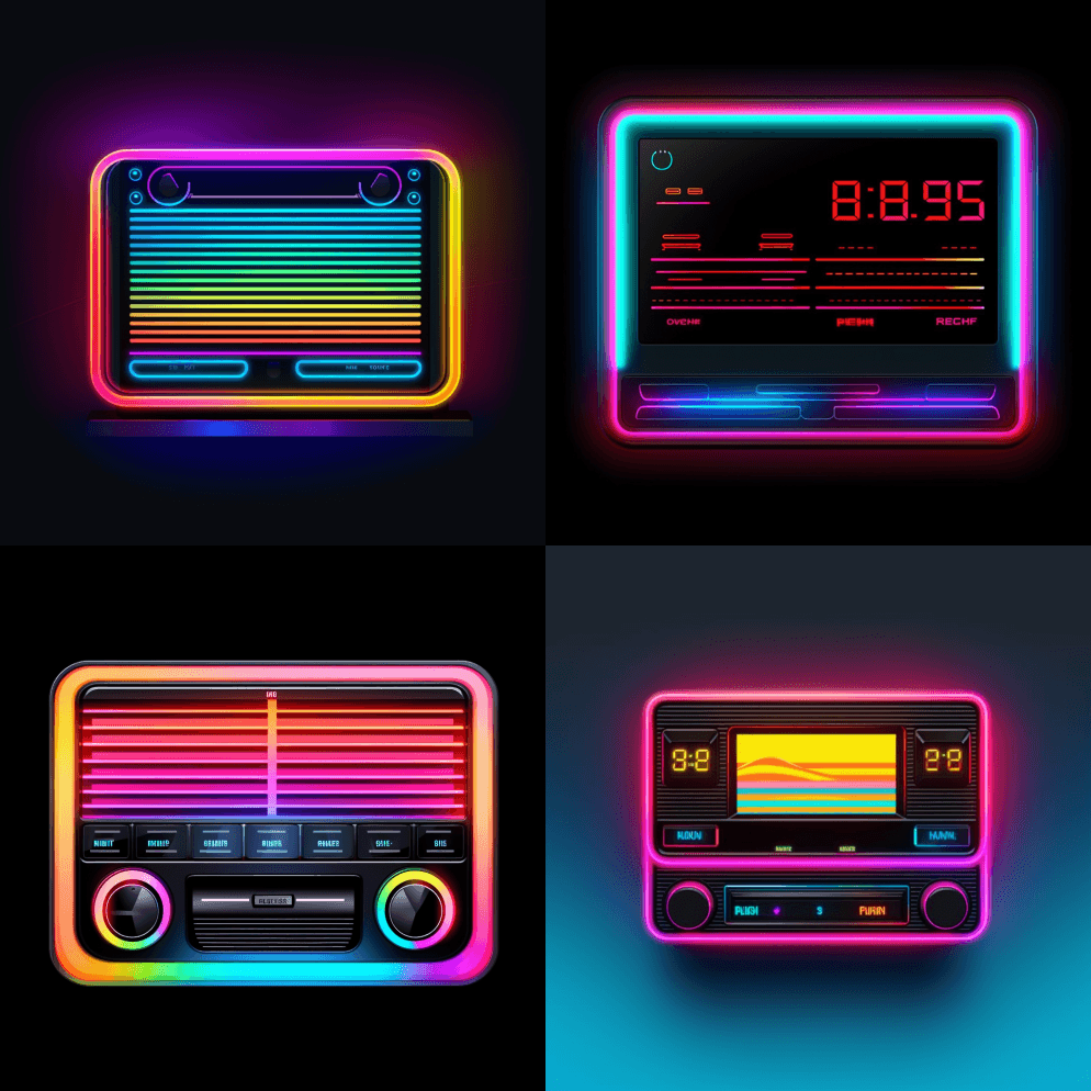 霓虹灯彩色数码车载收音机黑屏，极简主义， - Midjourney Prompt