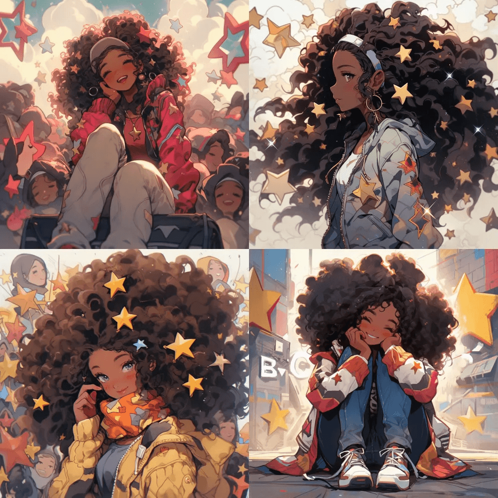 卡通，街头艺术，冥想，爱情，黑人女孩，人 - Midjourney Prompt