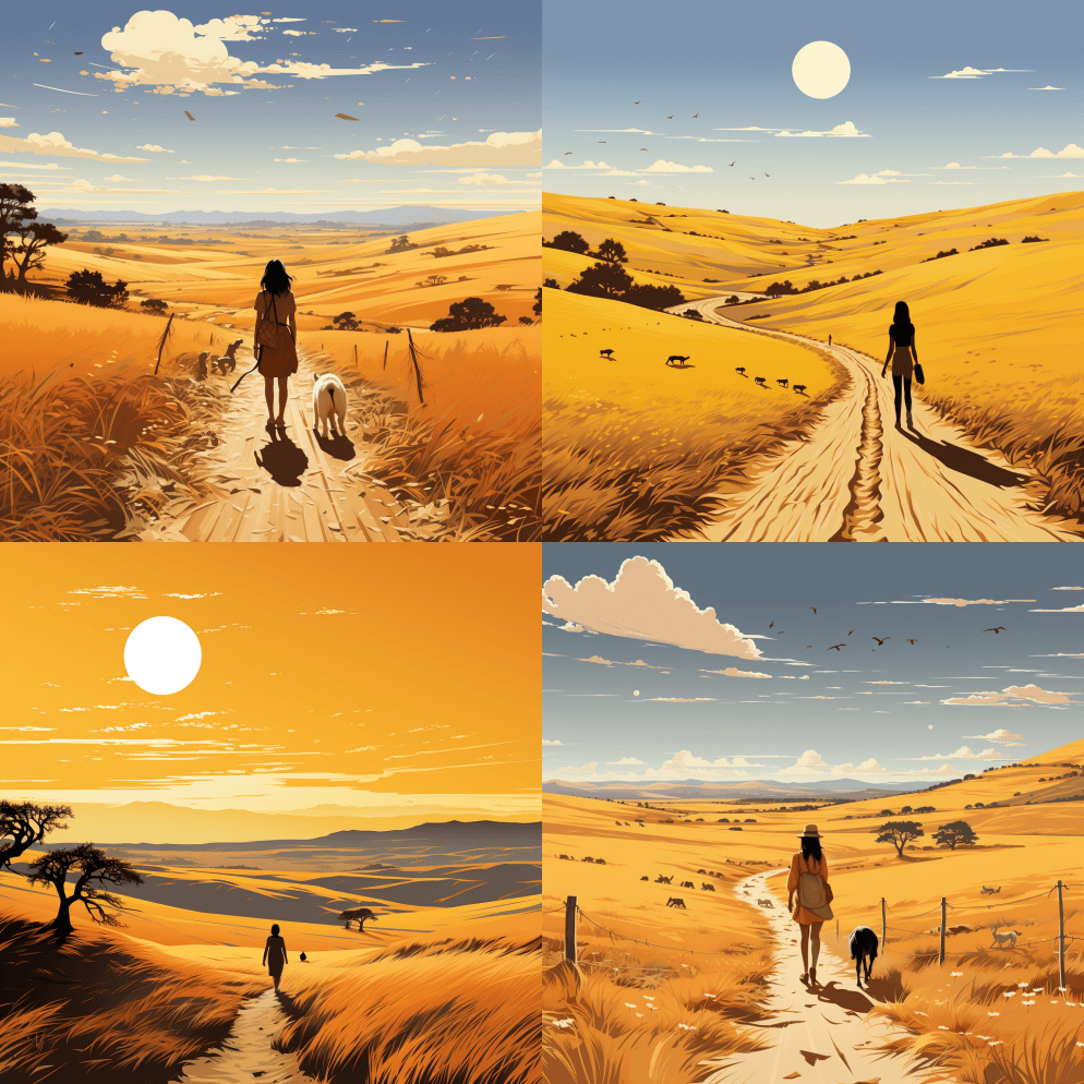 一个带着狗在金色麦田里散步的跑步女孩，极 - Midjourney Prompt