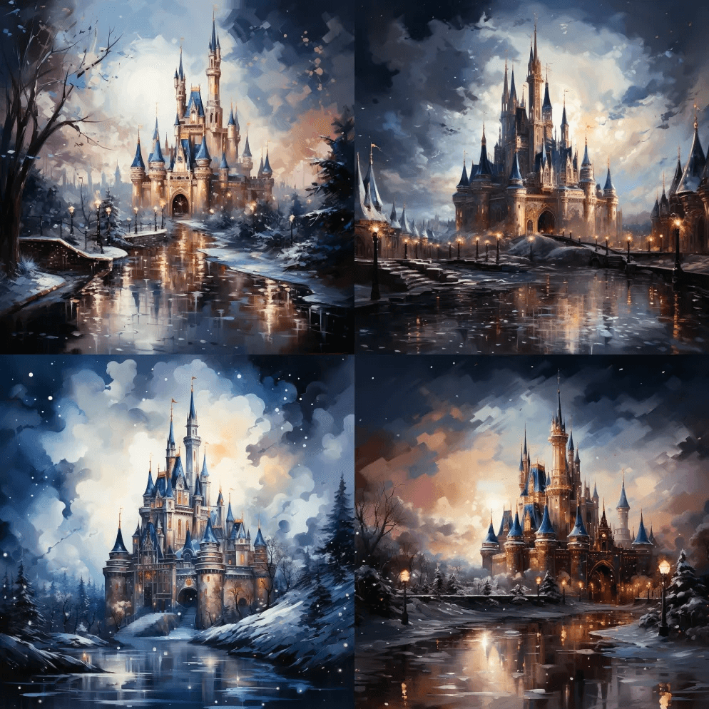 复古迪士尼灵感画圣诞节迪士尼城堡神奇感觉 - Midjourney Prompt