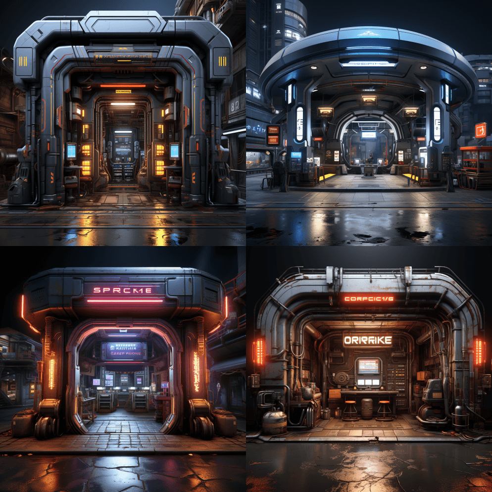 1赛博朋克门户设计正视图，简单线条，黑色 - Midjourney Prompt