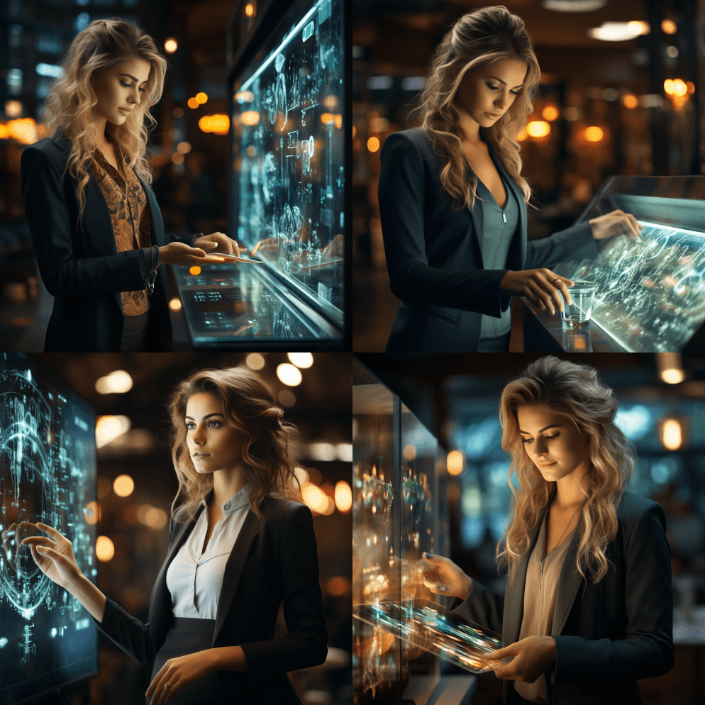 穿着休闲的女商人触摸屏幕的一部分，全息照 - Midjourney Prompt