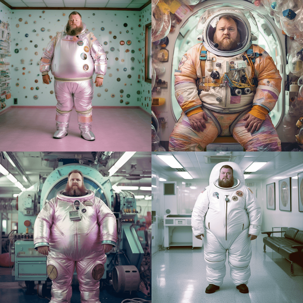 肥胖的胡须宇航员，80英尺高的S闪亮的半 - Midjourney Prompt