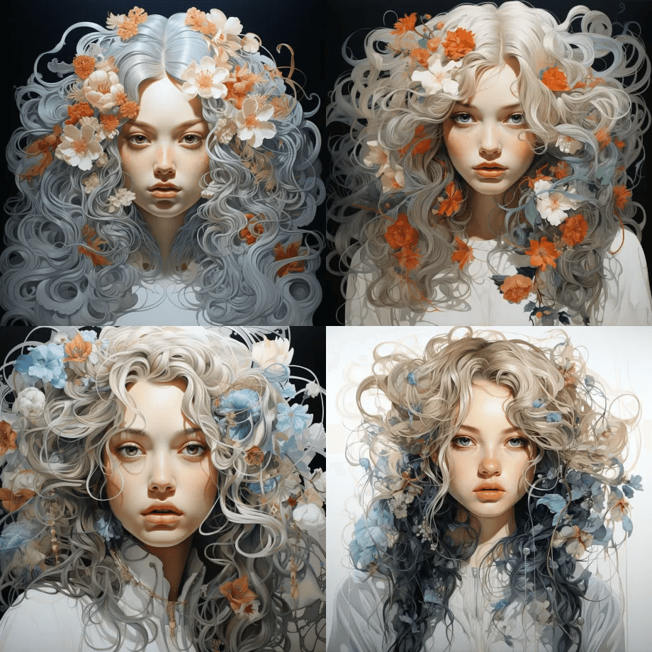 美丽的年轻女孩，平静，天真，宁静，长长的 - Midjourney Prompt