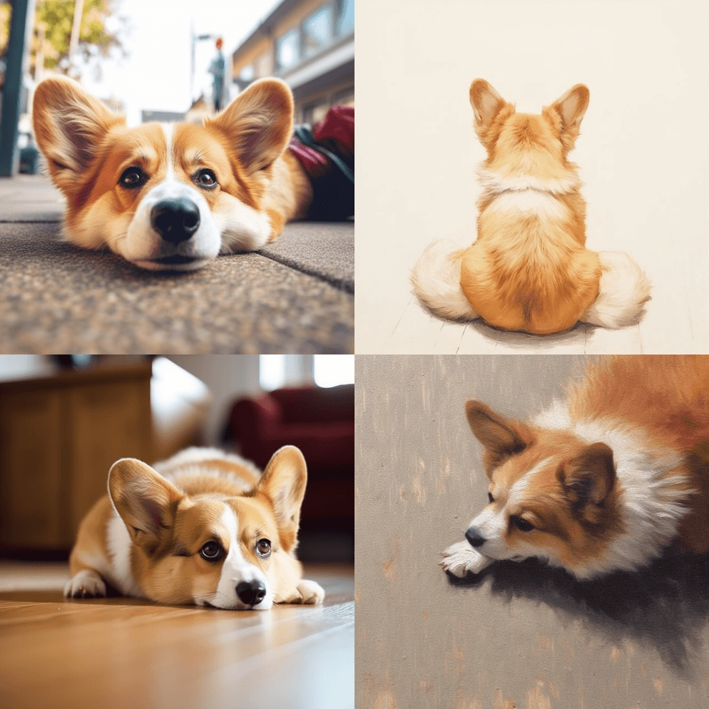 可爱的柯基后视镜，躺在地上，脚底向上 - Midjourney Prompt