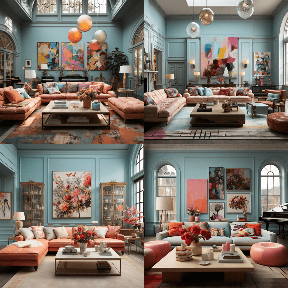 一个大客厅，墙上挂着画，风格有淡天蓝色和 - Midjourney Prompt