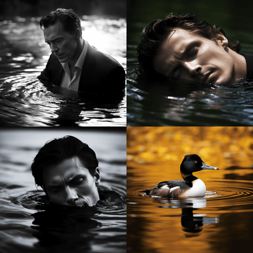 看到水面上的倒影比黑暗在深处看到他浮出水 - Midjourney Prompt