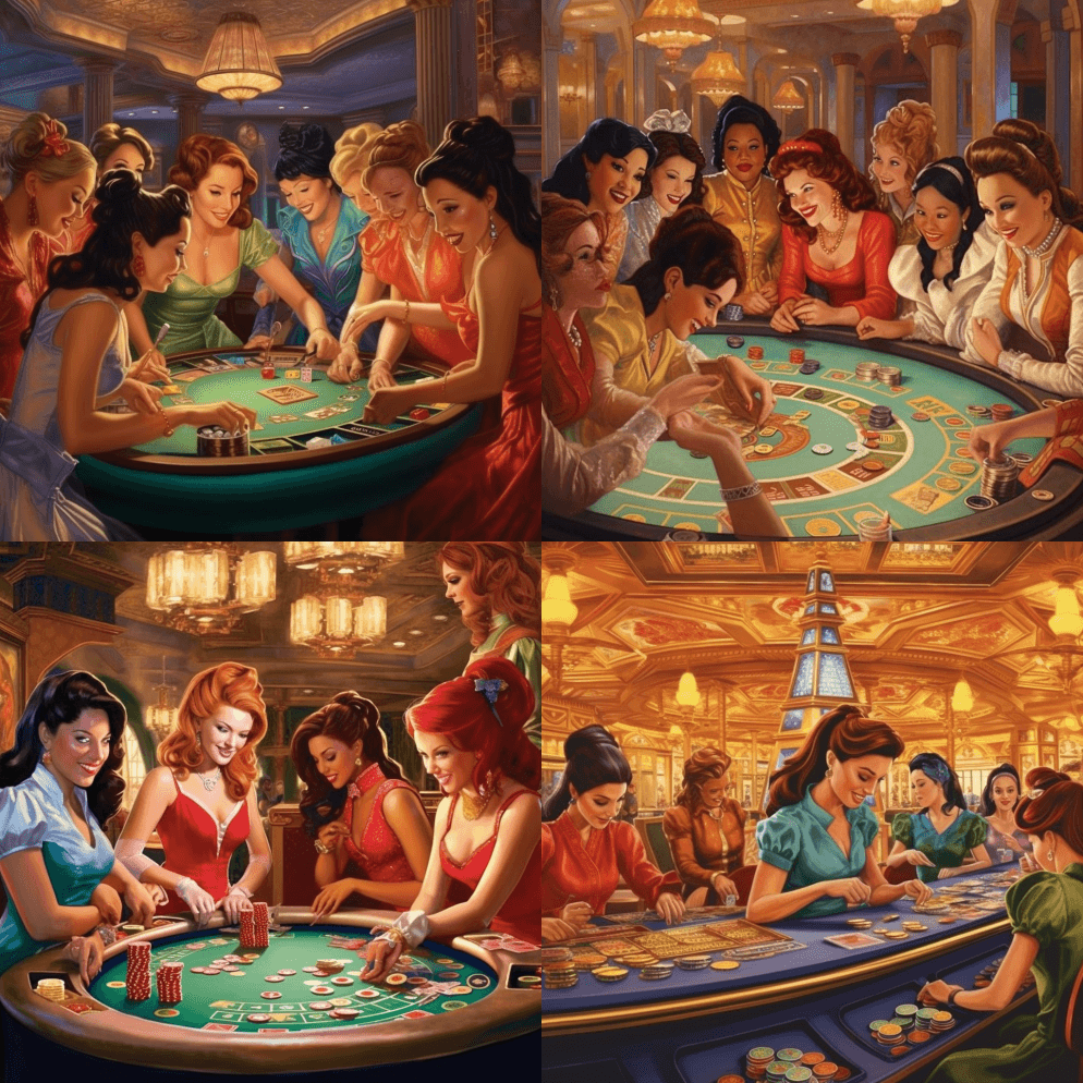 一群迪士尼公主在拉斯维加斯的一张赌桌上进 - Midjourney Prompt