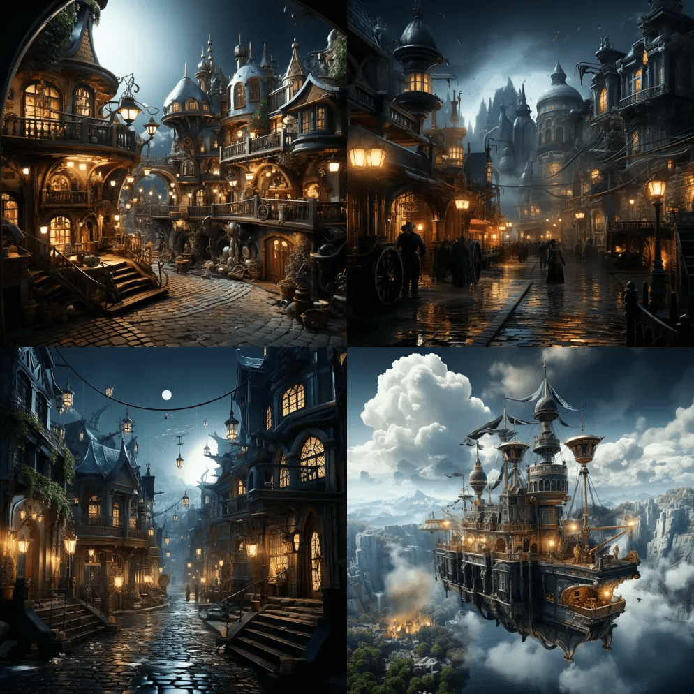 漂浮在云端的蒸汽朋克元素魔法基础：：10 - Midjourney Prompt