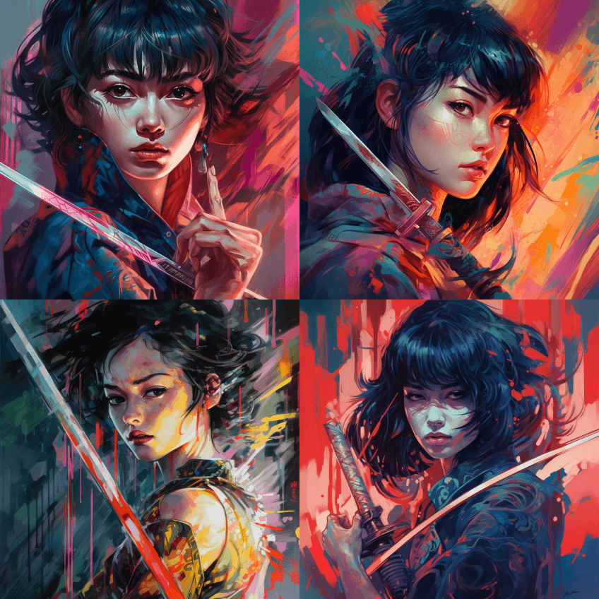 背景是一个带剑的女孩的GIF，以流畅的笔 - Midjourney Prompt