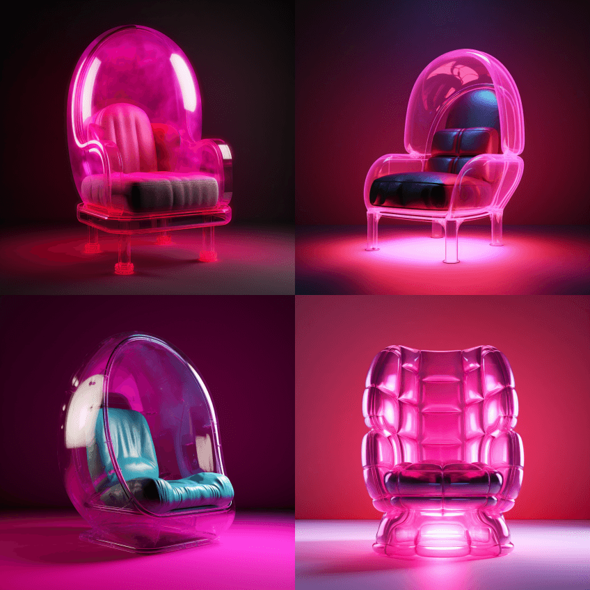 家具设计，高大扶手椅，充气，内部荧光洋红 - Midjourney Prompt
