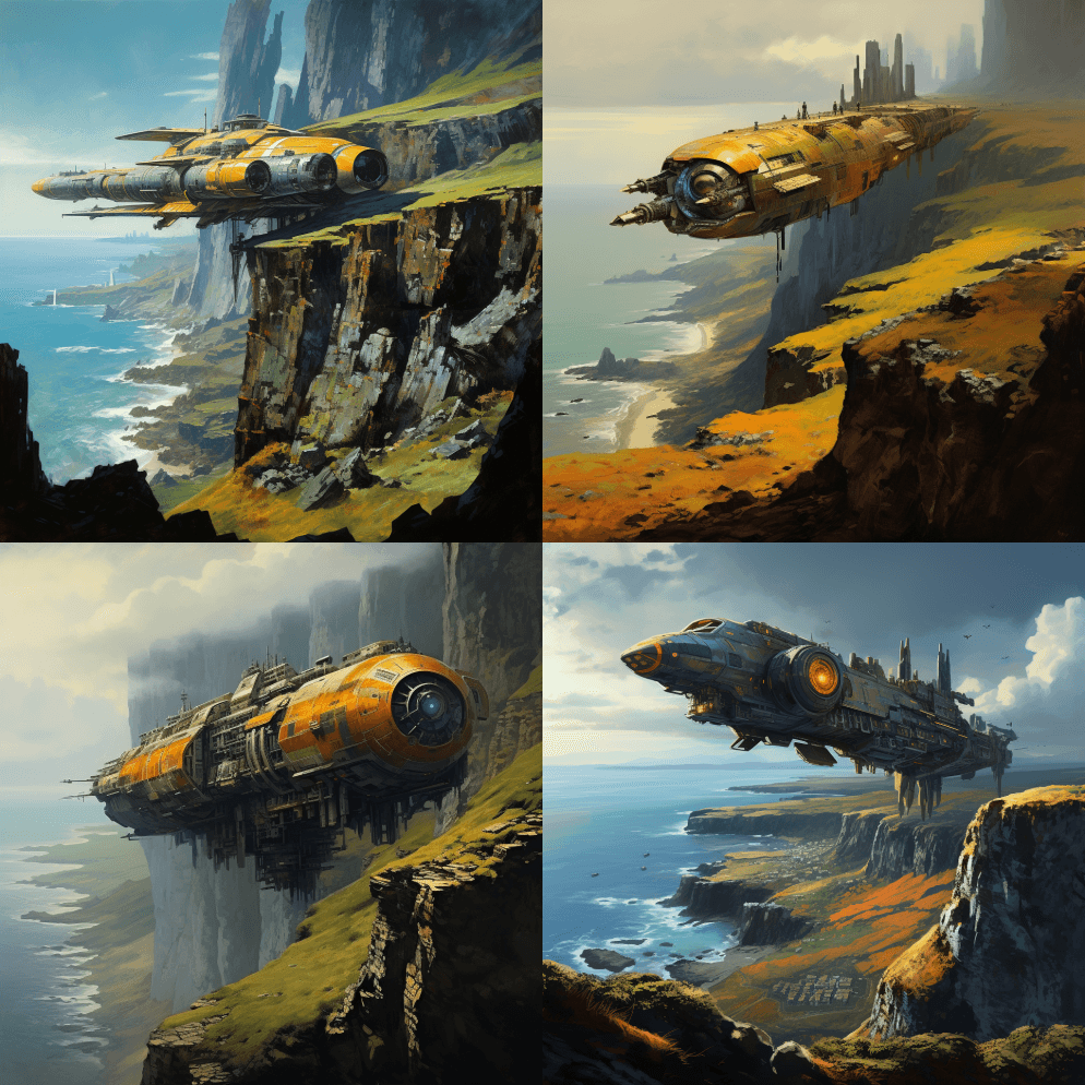 克里斯·福斯宇宙飞船越过悬崖前往背景太空 - Midjourney Prompt