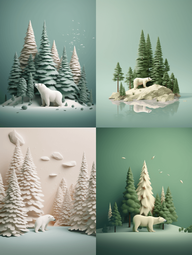 详细的3D场景，松树和北极熊，极简主义 - Midjourney Prompt