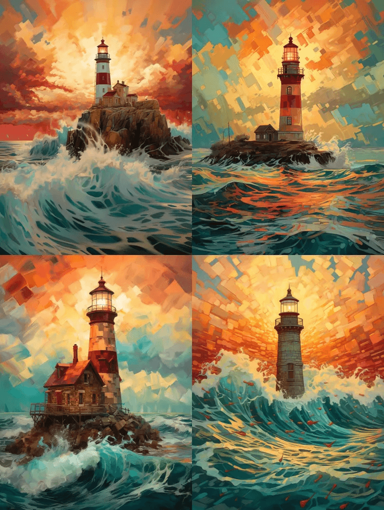 具有灯塔的海景画，其风格为细节、分层构图 - Midjourney Prompt