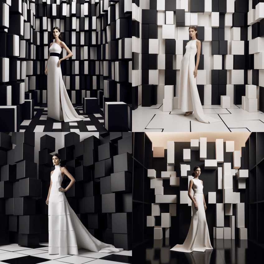 一位模特站在白色的立方体前，风格优雅正式 - Midjourney Prompt