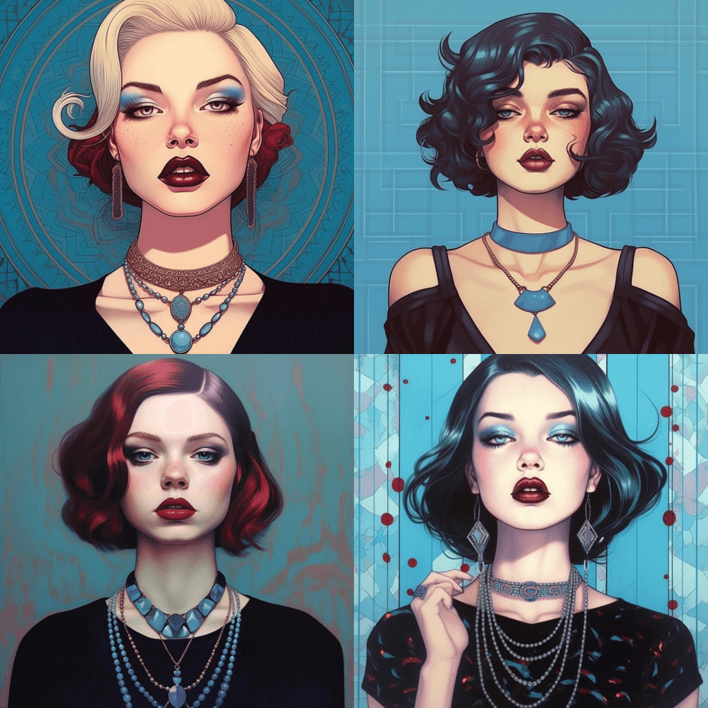 戴着项链，涂着黑色口红的漂亮女孩，浅栗色 - Midjourney Prompt