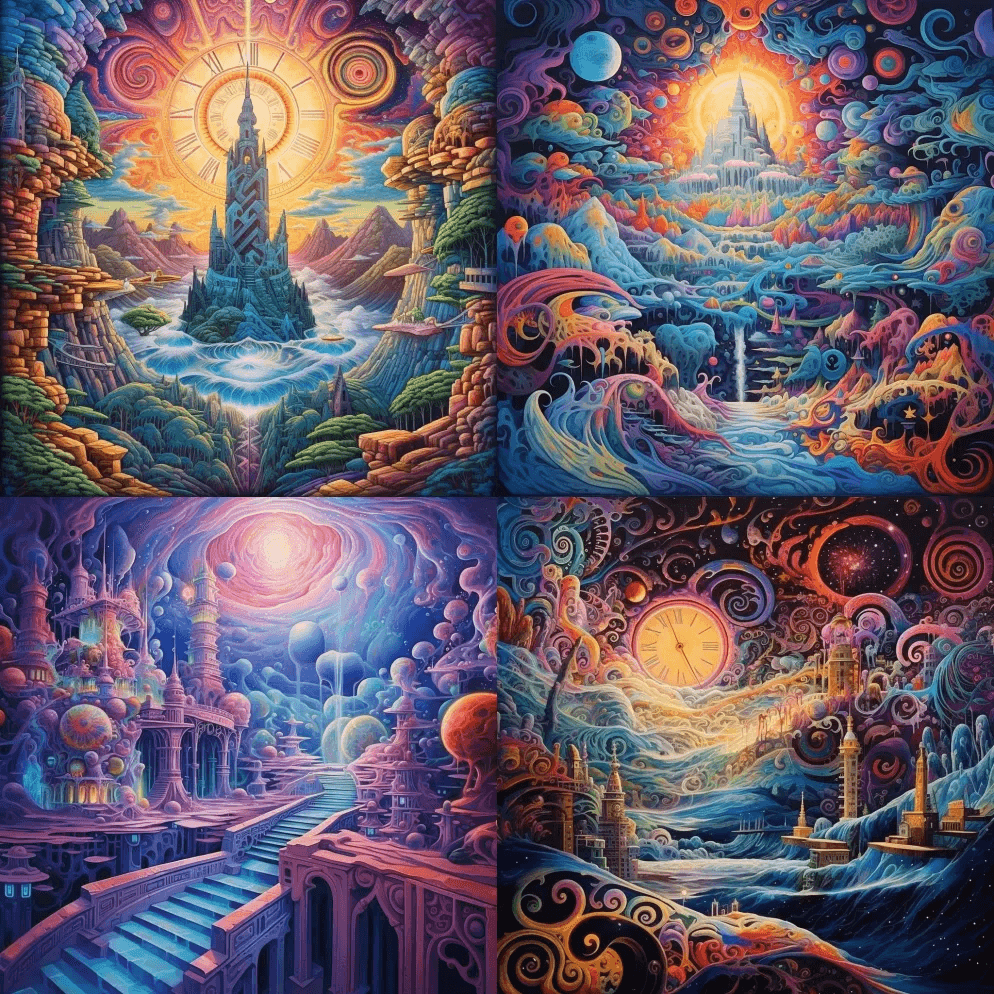 Firme悖论，漂浮在时间碎片和五颜六色 - Midjourney Prompt