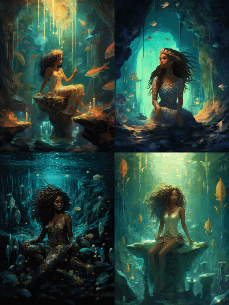 一条美丽的非裔美国人长发美人鱼，鱼尾而不 - Midjourney Prompt