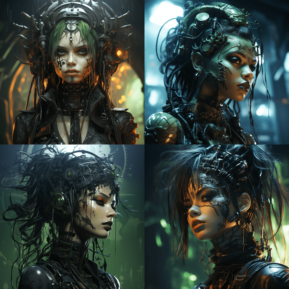 一个赛伯哥特死灵法师的插图，有毒的绿色和 - Midjourney Prompt