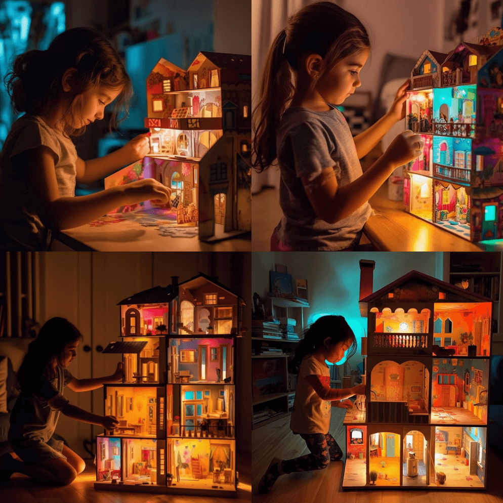 一个小女孩做了一个纸板娃娃屋，有很多房间 - Midjourney Prompt