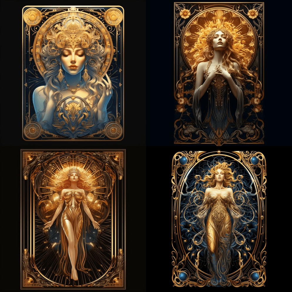 3D塔罗牌设计。美丽闪亮的女人，穿着金色 - Midjourney Prompt