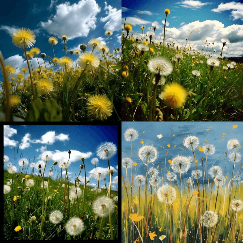 我在一片蒲公英的田野里，向每个人许愿，蓝 - Midjourney Prompt