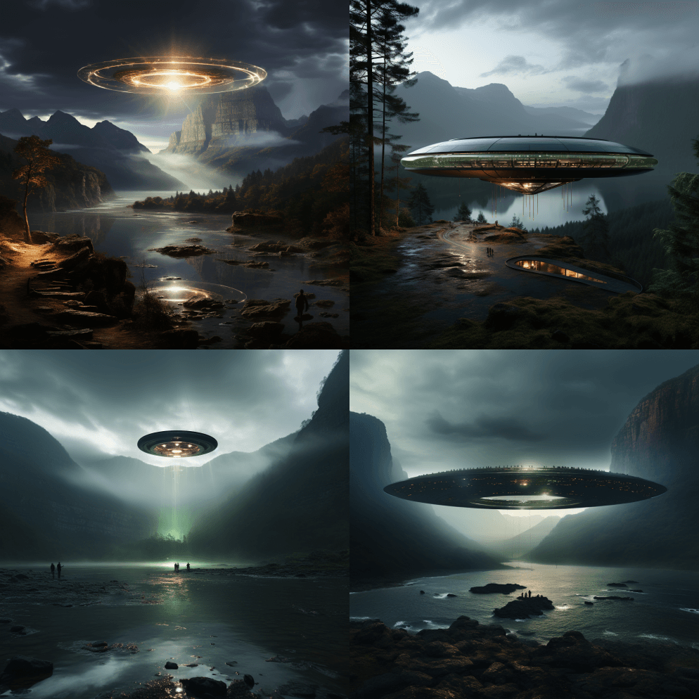 外星人在夜间飞越海洋，以试瑟拉塔的风格， - Midjourney Prompt