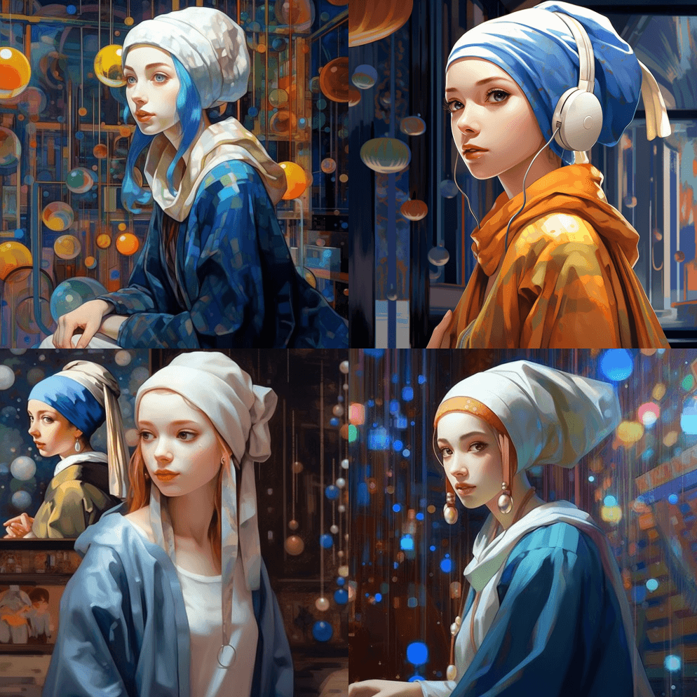 现代服装珍珠耳环画女孩，动漫风格，未来主 - Midjourney Prompt