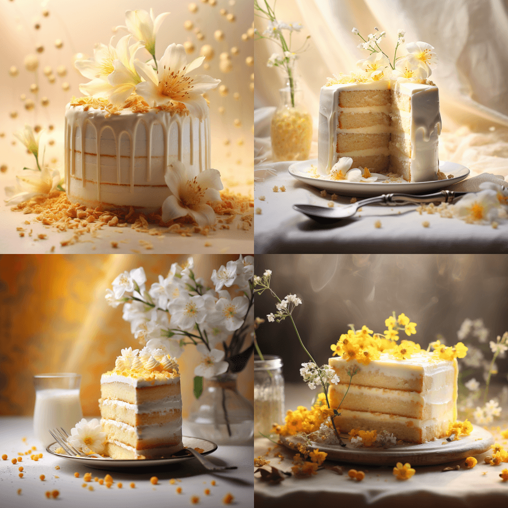 食物摄影，阿式蛋糕，象牙，淡黄色，柔和的 - Midjourney Prompt