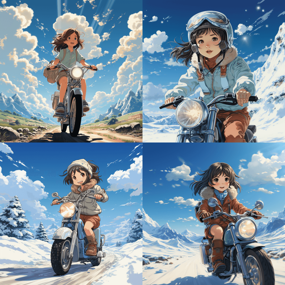 小女孩骑着电动滑板车/自行车，在宫崎骏美 - Midjourney Prompt