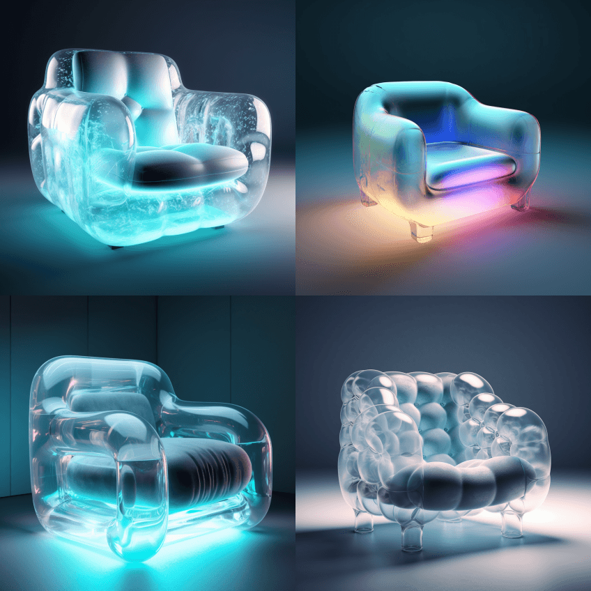 家具设计，扶手椅，充气，冷光，激光效果， - Midjourney Prompt