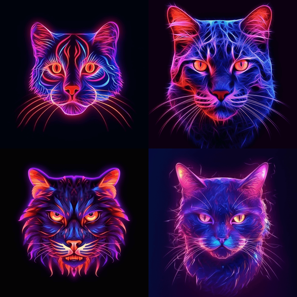 霓虹灯迷乱猫，动感构图和戏剧性灯光，霓虹 - Midjourney Prompt