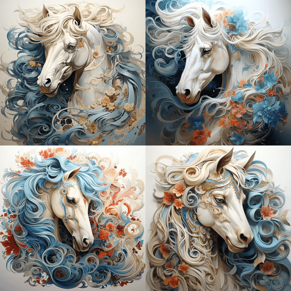 华丽的马，平静，天真，宁静，长长的飘逸的 - Midjourney Prompt
