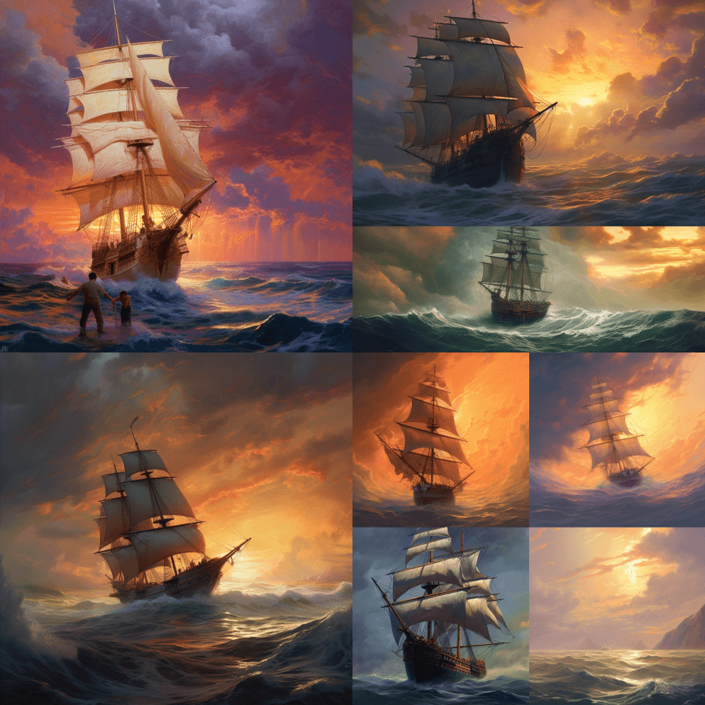 来自吉卜力工作室的令人惊叹的帆船画在暴风 - Midjourney Prompt