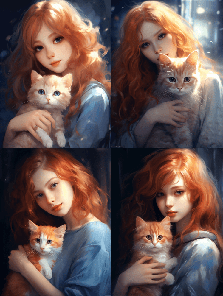 动漫美女抱着可爱的橙色猫，她的猫有蓝色的 - Midjourney Prompt