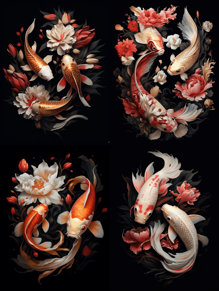 一幅黑色背景上的两条锦鲤鱼的插图，以Be - Midjourney Prompt