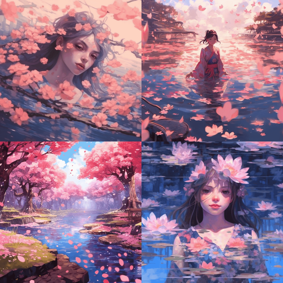 粉色花卉画高清壁纸，动漫灵感人物风格，平 - Midjourney Prompt