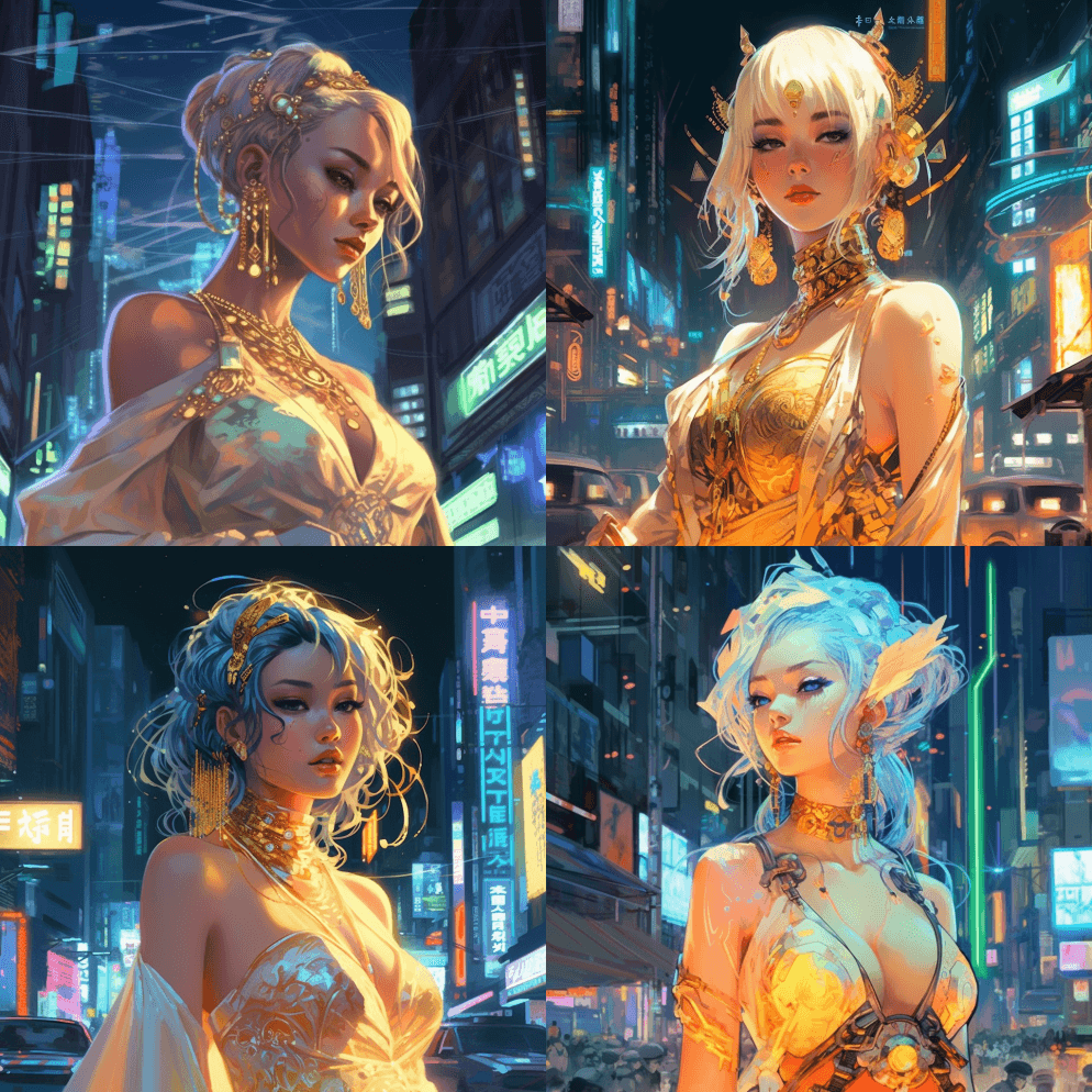 赛伯朋克东京赛博哥特女神肖像，背景是霓虹 - Midjourney Prompt